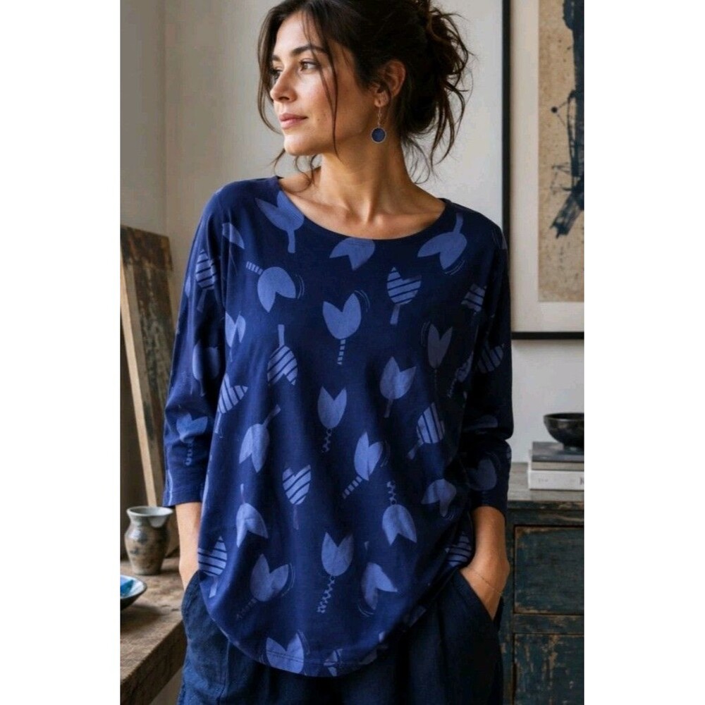 Gudrun Sjödén Women’s M Purple Blue Tulip Floral Button-Front Long Sleeve Tunic